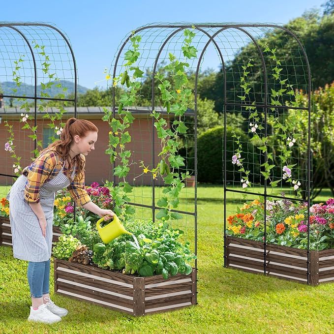 DoCred 3 in 1 Raised Garden Bed with 87in Tall Arch Trellis for Climbing Plants, Galvanized Planter Garden Box Outdoor for Gardening, Climbing Vegetables, Flower