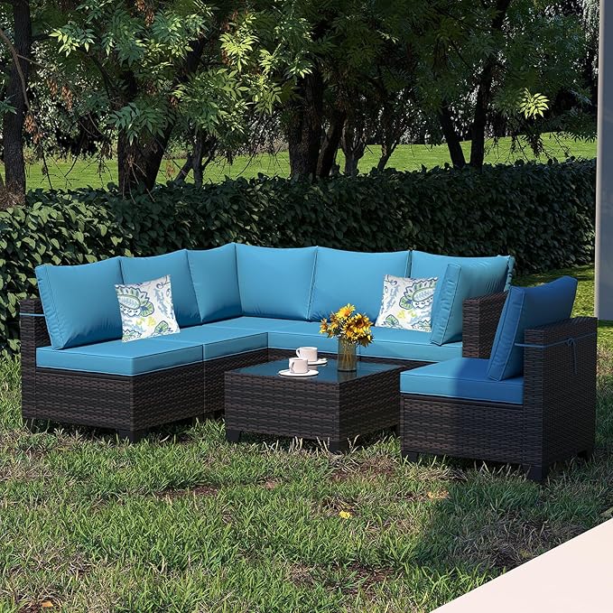 Outdoor Wicker Patio Furniture Set, Rattan Sectional Sofa Set with Thick Cushions (Brown/Peacock Blue, 7 Piece Sofa Set)