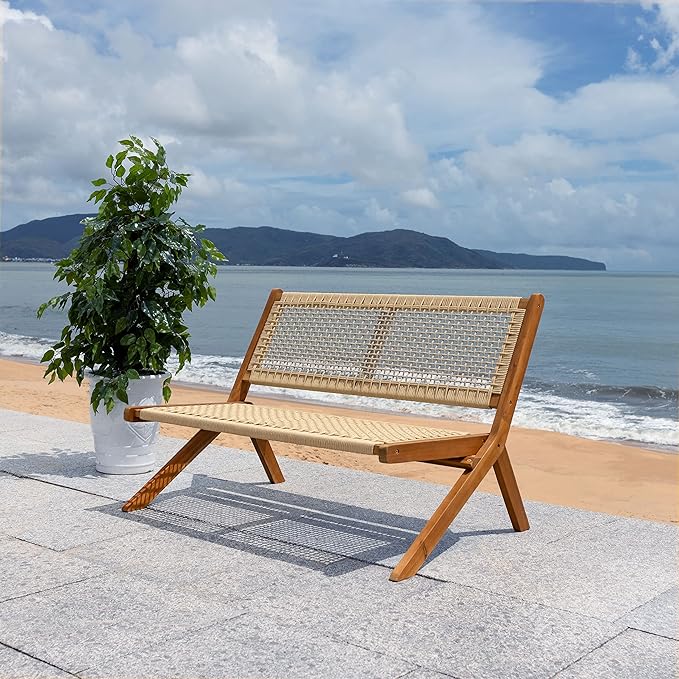 SAFAVIEH Outdoor Collection Kobina Natural Acacia Wood/Natural Rope Foldable Bench (Fully Assembled)
