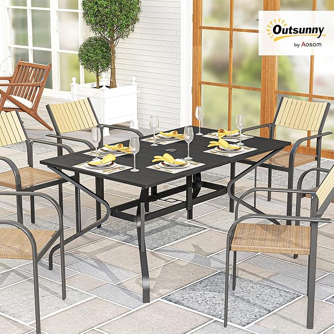 Outsunny Rectangle Outdoor Dining Table for 6 People, Steel Rectangular Patio Table with Umbrella Hole, Steel Frame for Garden, Balcony, Black