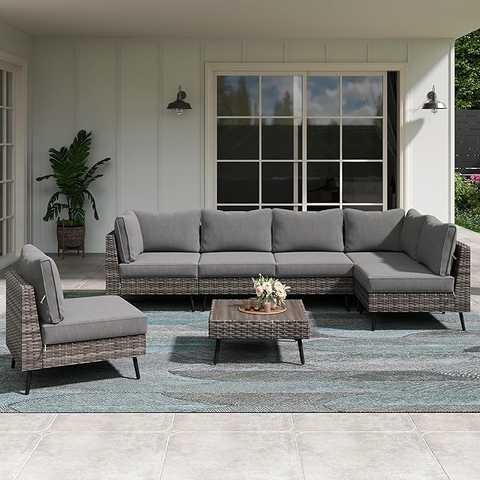 LAUSAINT HOME Outdoor Patio Furniture, 7 Piece Outdoor Sectional Sofa PE Rattan Wicker Patio Conversation Sets, All Weather Patio Furniture Set with Thick Cushions for Garden, Backyard (Grey)