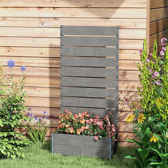 Outsunny Raised Garden Bed with Trellis for Climbing Plants, Planter Box with Self Draining Gap, Freestanding Trellis Planter for Outdoor, Patio, Deck, 28.25" x 15" x 59", Gray