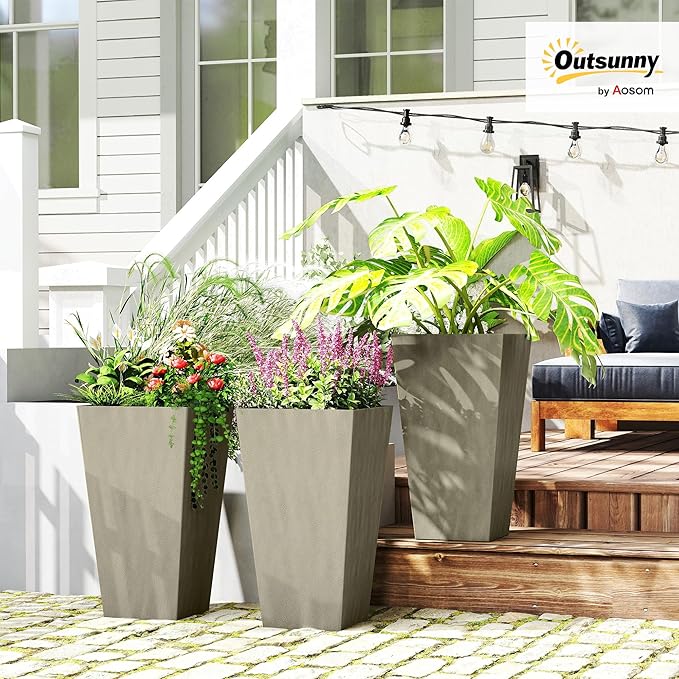 Outsunny Tall Planters for Outdoor Plants Set of 3, 28 in Taper Planters with Drainage Holes, Indoor Grande Plant Pots, Front Porch Decor, Grey