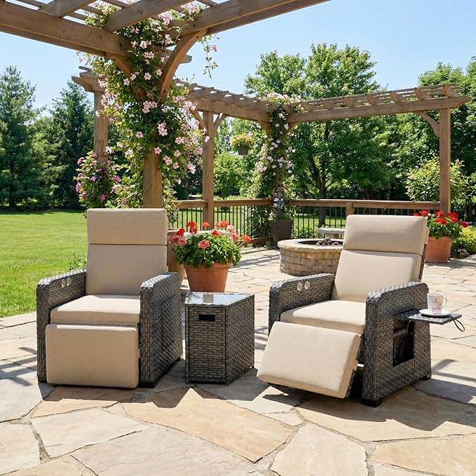 Restland Outdoor Recliner with Independent Adjustable Back & Footrest Wicker Patio Reclining Chair with Flip Table Comfortable Lounge Chair & Thick Cushion for Deck, Porch (3 Piece, Beige)
