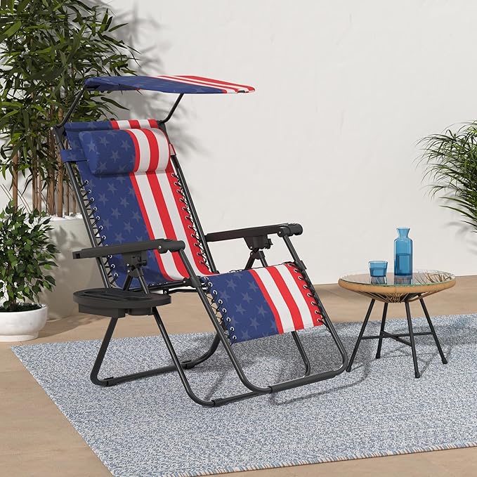 Best Choice Products Folding Zero Gravity Outdoor Recliner Patio Lounge Chair w/Adjustable Canopy Shade, Headrest, Side Accessory Tray, Textilene Mesh - American Flag