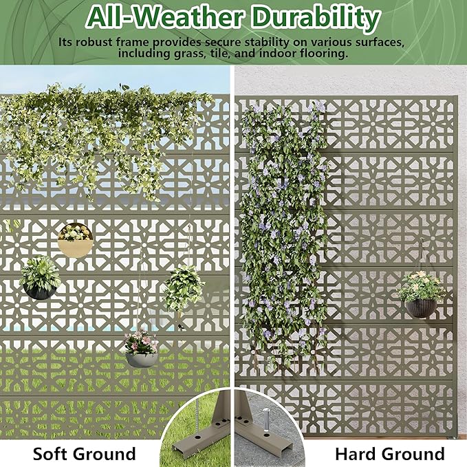Casaphoria Metal Privacy Screen Outdoor, 72" H x 47" W Freestanding Decorative Privacy Screen for Patio Deck Balcony Garden with Stable Base, Green-Perilla