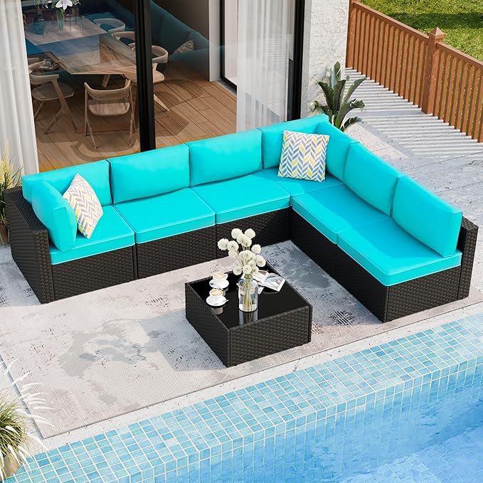 Shintenchi 7 Pieces Outdoor Patio Sectional Sofa Couch,PE Wicker Furniture Conversation Sets with Washable Cushions & Glass Coffee Table for Garden, Poolside, Backyard (Blue)