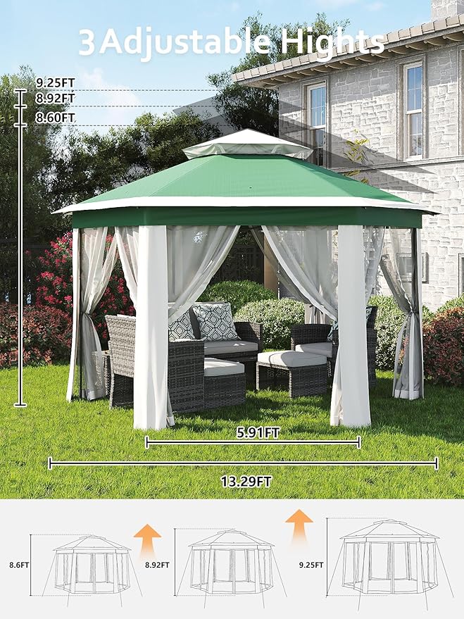 Garvee Pop Up Gazebo Screen Tent,Hexagonal Instant Gazebo Tent with Mosquito Netting Outdoor Canopy,6 Sided Sun Shelter 13x13ft with Mesh Netting,Pavilion Tents for Patio,Green+Beige