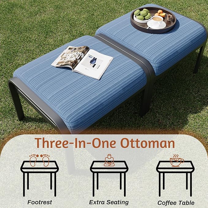 HOMREST Metal Outdoor Ottoman, 2-Piece Aluminum Footstool w/Removable Cushion, Multipurpose Footrest Stool Additional Seating, Set of 2 Outdoor Ottomans for Patio Deck (Blue)