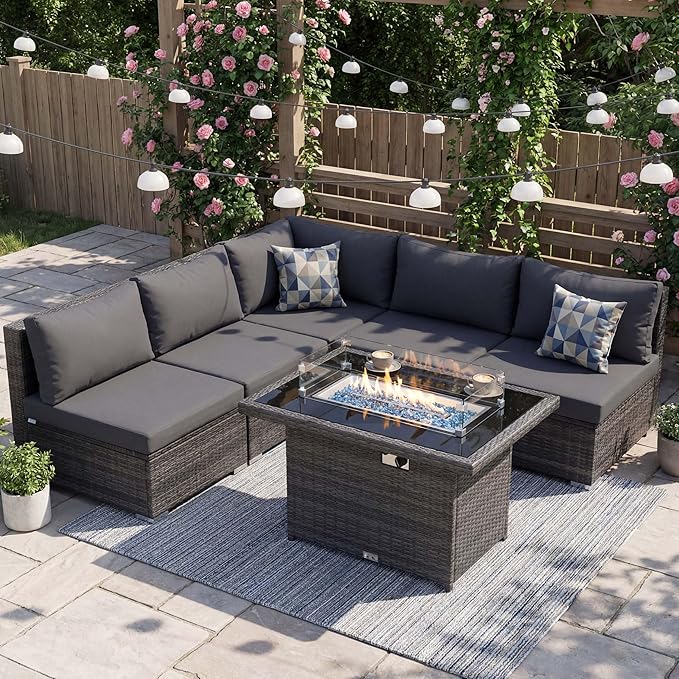 NICESOUL 6 Piece Outdoor Patio Furniture Set with Fireplace Table Natural Gas & Propane, 29.3'' High-Back L Shaped Sectional Sofa Set, Large Deep Seated Modern Conversation Couch for Tall People, Gray