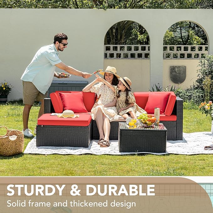 Devoko 5 Pieces Patio Furniture Sets All Weathevr Outdoor Sectional Patio Sofa Manual Weaving Wicker Rattan Patio Seating Sofas with Cushion and Glass Table (Red)