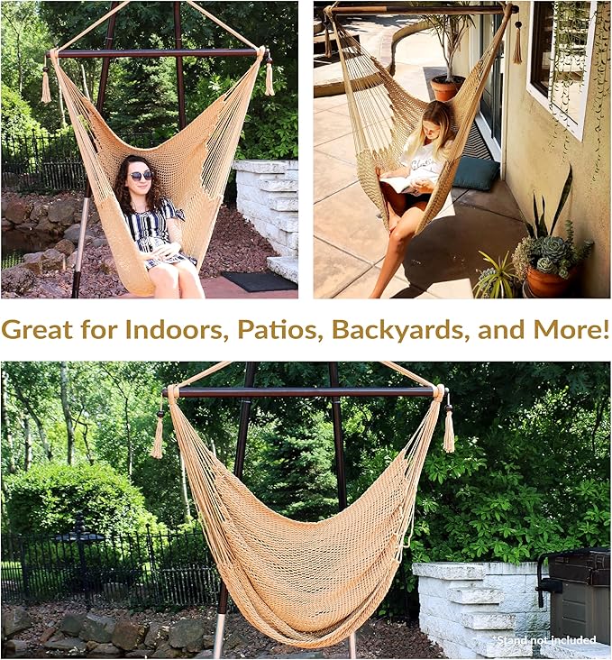 Sunnydaze Outdoor Hammock Chair Swing - Hanging Hammock Swing - Hanging Reading Chair - Soft-Spun Polyester Rope - Caribbean XL - Tan