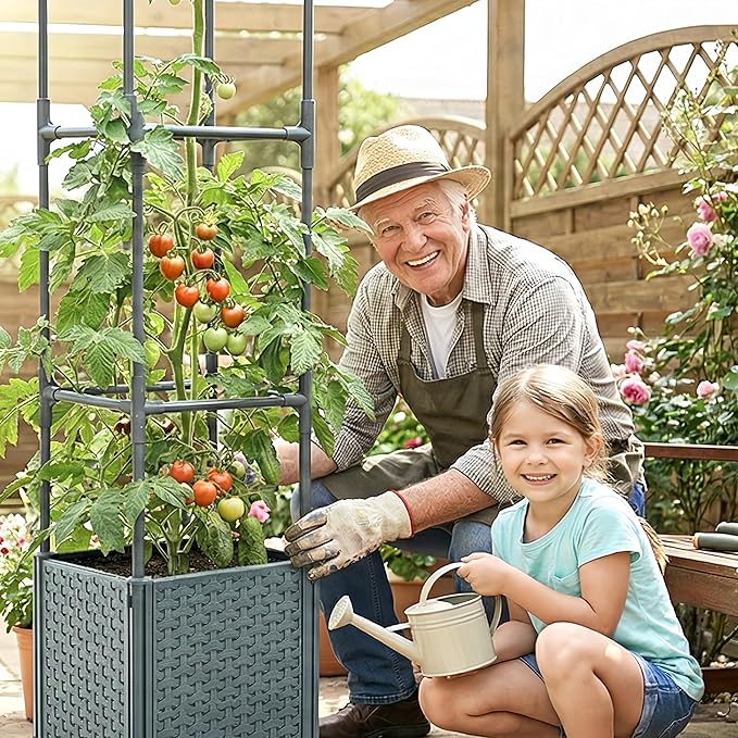 Raised Garden Bed with Tomato Planter Cage, 56.7” Trellis Planter Boxes with Wheels for Outdoor Patio Greenhouse Gardening Climbing Vegetables