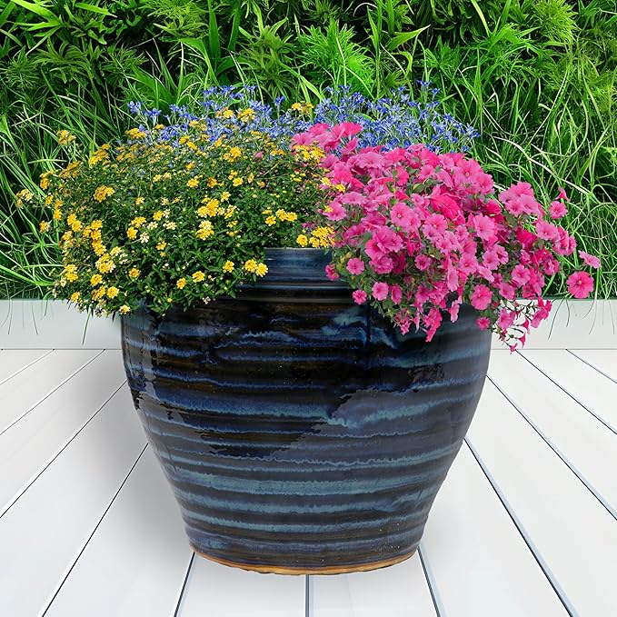 Sunnydaze Large Ceramic Plant Pot - Round Outdoor Glazed Ceramic Planter Pot with Drainage - Studio - Galaxy Blue - 18.5"