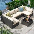 7 Piece Outdoor Patio Furniture Set, Outdoor Sectional Furniture, Rattan & Wicker Modern Modular Conversation Set Sofa Couch W/Water Resistant Washable Thick Cushions, Coffee/Beige