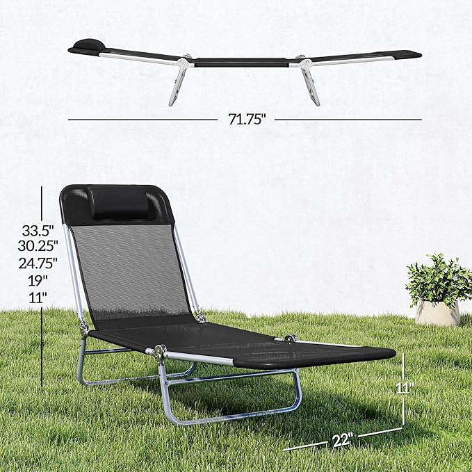 Outsunny Folding Chaise Lounge Chair, Pool Sun Tanning Chair, Outdoor Lounge Chair with Reclining Back, Breathable Mesh Seat, Headrest for Beach, Yard, Patio, Black