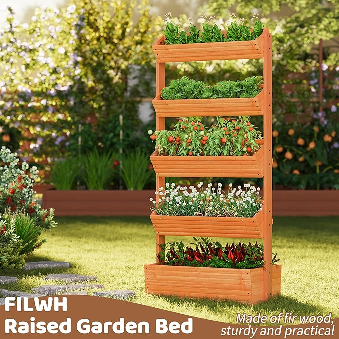 FILWH Wooden Raised Garden Bed Vertical Planter Box, Freestanding Plant Stand for Indoor Outdoor Plants, Herbs, Flowers, Vegetables, Gardening (Reddish Brown, 5-Tier，29.9 x 17.9 x 68in)
