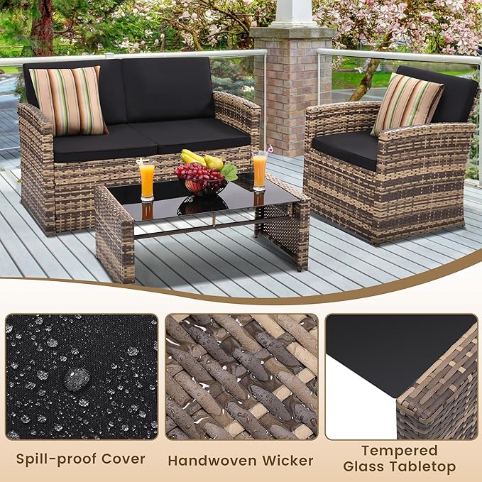 4-Piece Patio Furniture Set, Wicker Outdoor Rattan Sectional Sofa with Cushions and Glass Table, All-Weather Outdoor Conversation Set, Ideal for Garden, Porch, Backyard, Black