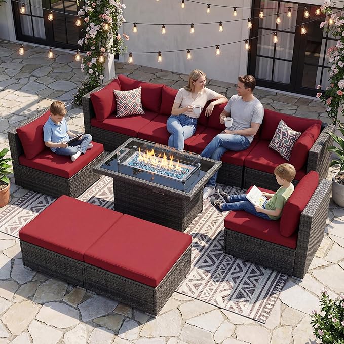 NICESOUL 9 Piece Extra Large Outdoor Patio Furniture Set with Firepit Table Natural Gas/Propane, 29.3'' High Back Gray Wicker Sectional Sofa, Deep Sitting Conversation,2 Color Cushion Burgundy & Gray