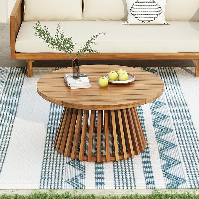 Merax Outdoor Acacia Wood Conversation Set - Patio 3-Seat Loveseat Sofa w/Coushion and Round Coffee Table for Backyard, Lawn, Balcony, Teak+Beige