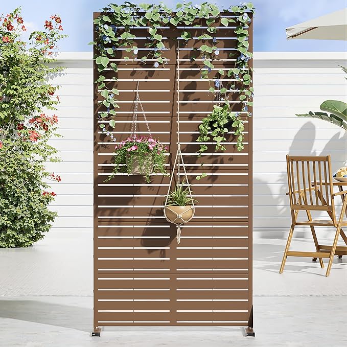 Casaphoria Metal Privacy Screen Outdoor, 72" H x 35" W Freestanding Decorative Privacy Screen for Patio Deck Balcony Garden with Stable Base, Brown-Louvered