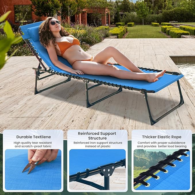 Folding Chaise Lounge Chair 2 Pack - 400lb Capacity, 5-Position Adjustable Recliner with Pillow | Portable for Patio, Pool, Camping & Sunbathing (Blue)