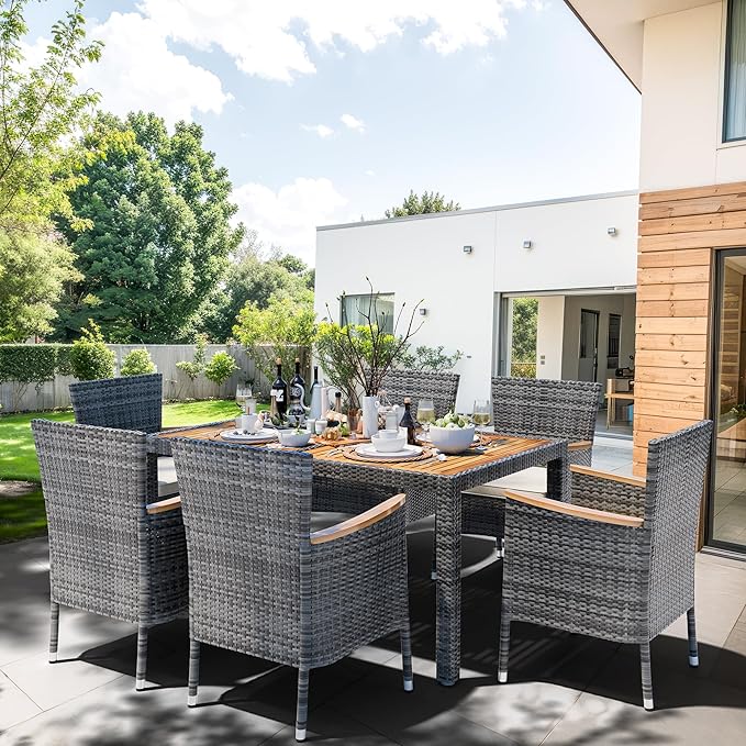Shintenchi 7 Piece Patio Dining Set, Wicker Patio Conversation Set with Wooden Table Top, Outdoor Table and Chairs with Soft Cushions for Backyard, Deck and Garden, Grey Wicker