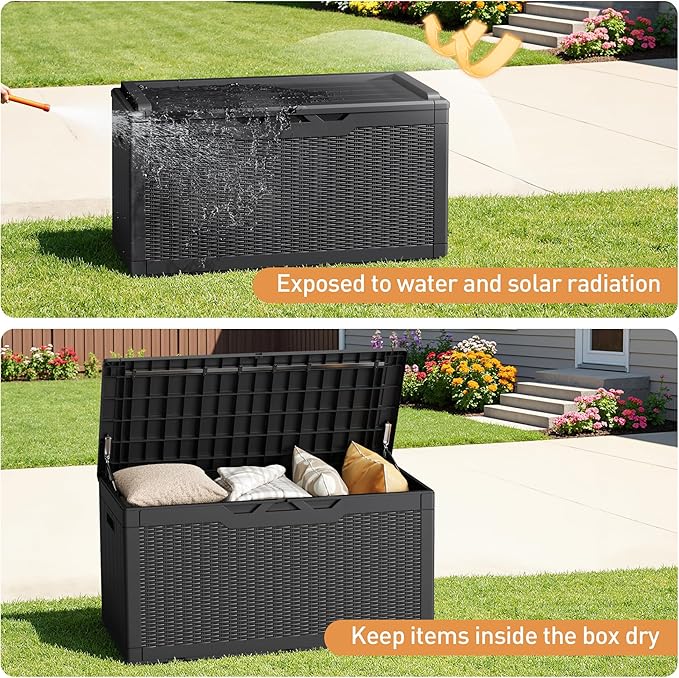 Greesum 100 Gallon Resin Deck Box Large Outdoor Storage Boxes with Cushions for Garden Tools, Patio Furniture Pillows, Pool Supplies, Black