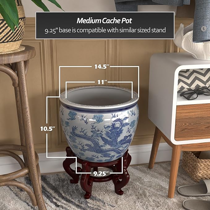 Red Lantern 14" Dragon Blue & White Porcelain Fishbowl Planter or Cachepot for Indoor/Outdoor Use in Garden Entryway Living Room Boho Eclectic Modern Contemporary Classic Traditional Style Decor