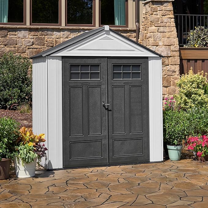 Rubbermaid Resin Outdoor Storage Shed With Floor (7 x 3.5 Ft) Weather Resistant, White, Organization for Home/Backyard/Garden Tools/Lawn Mower/Bike Storage/Pool Supplies