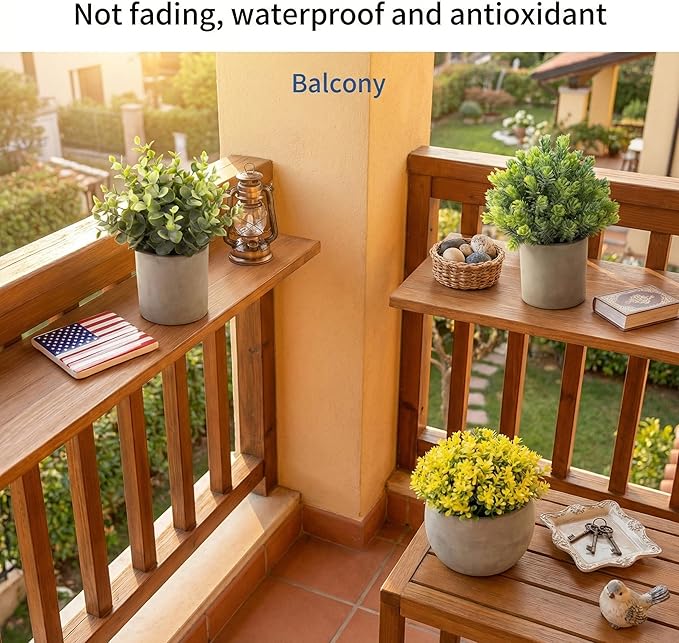 Fake Plants, 5 Pack Artificial Eucalyptus & Greenery in Cement Pots - Small Potted Faux Plants for Indoor Outdoor Shelves, Desk, Table, Farmhouse Bathroom, Office & Modern Home Decor