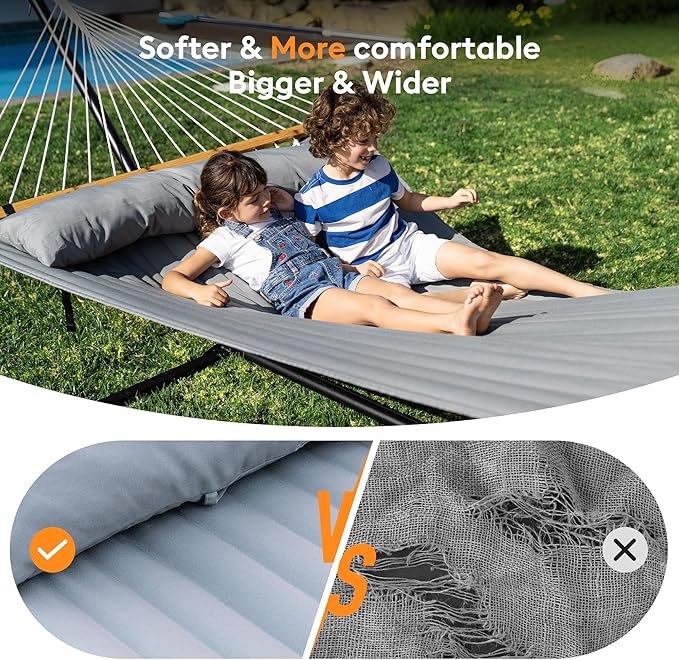 Double Hammock with Spreader Bar & Pillow, Portable 500lbs Capacity for Outdoor, Camping, Patio, Backyard Relaxation,Gray
