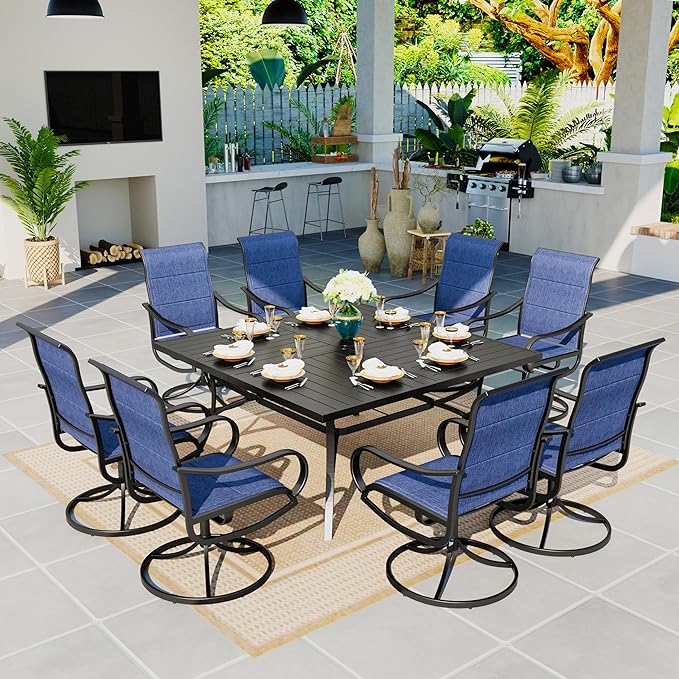 Sophia & William Outdoor Patio Dining Set 9 Pieces, 8 x Textilene Swivel Patio Chairs with Padded and 60" Large Square Metal Dining Table, Outdoor Table and Chair Set for Lawn Garden (Blue)