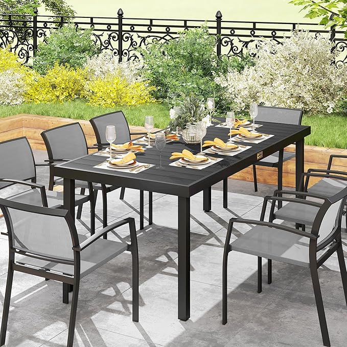 Outsunny 75" x 35" Outdoor Dining Table for 8 People, Rectangular Aluminum Frame Garden Table with All-Weather Faux Wood Top for Garden, Lawn, Patio, Black