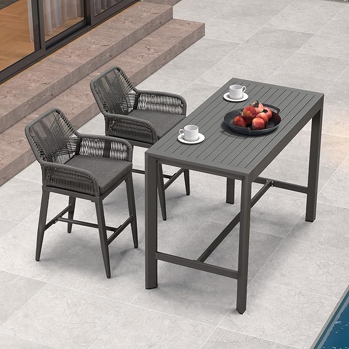 PURPLE LEAF Outdoor 24" Counter Height Bar Stools Chair Set of 2, All Weather Rattan and Aluminum Patio Bar Stool with Cushion for Indoor and Outdoor, Kitchen Island, Grey