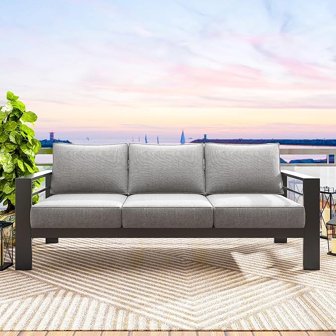 Solaste Aluminum Outdoor Couch, 3-Seat Metal Outdoor Sofa with Water-Resistant Cushion, Weather-Resistant Modern Patio Sofa, Black Frame Grey Cushion