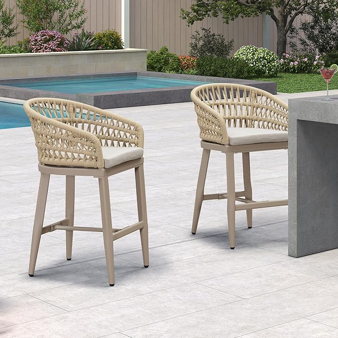 PURPLE LEAF Outdoor Rattan 24" Counter Height Bar Stools Chair Set of 2, Modern Upholstered Patio Bar Stool with Backrest for Indoor and Outdoor, Kitchen Island, Champagne