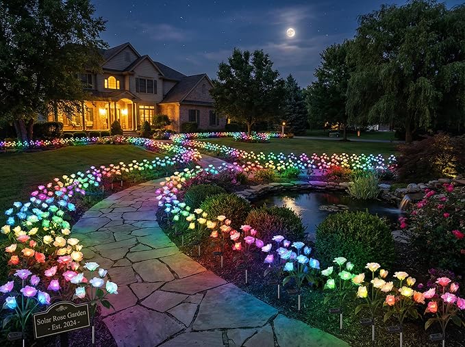 Solar Garden Rose Lights by FANCYPOP, 2 Pack Most Realistic 12 LED Flower Stake Lights, IP65 Waterproof 7 Color Changing Solar Decor for Walkway/Graveyard, Heartwarming Gifts for Grandma & Mom, White