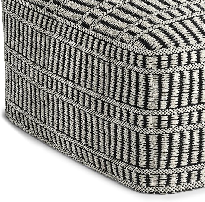 SIMPLIHOME Safford Square Pouf - 20 inch Wide Upholstered PET Polyester Ottoman in Black and White, Boho Indoor/Outdoor Footstool or Extra Seating for Living Room, Bedroom, or Patio, Assembled