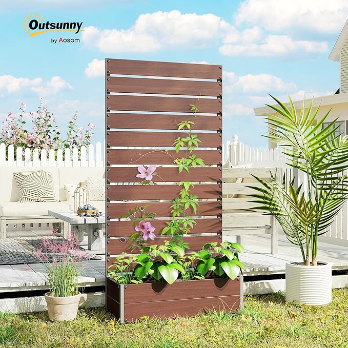 Outsunny Raised Garden Bed with Trellis for Climbing Plants, Planter Box with Self Draining Gap, Freestanding Trellis Planter for Outdoor, Patio, Deck, 35.75" x 15" x 70.75", Light Brown