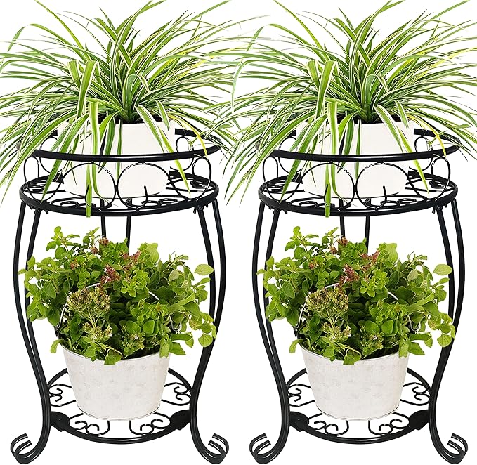 2 Pack 19.2 inch Metal Plant Stand Rack for Round Flower Pot, 2 Tier Potted Holder Indoor Outdoor Rustproof Wrought Iron Heavy Duty Planter Shelf for Corner Living Room Balcony Garden Patio, Black