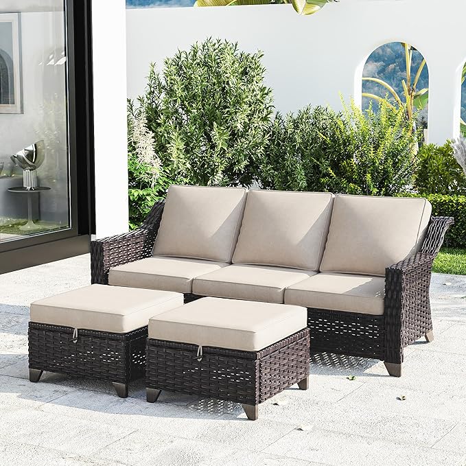 Joyside Patio Furniture Set, 3 Pieces Outdoor Wicker High Back Sofa with Ottoman and Comfy Cushions, Upgraded Large Size, All Weather High Back Conversation Set, (Brown/Beige)
