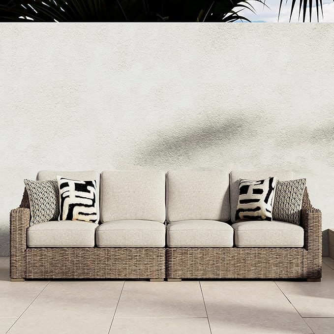 Signature Design by Ashley Beachcroft Outdoor Left & Right Arm Facing Wicker Patio Loveseats, Nuvella Weather Resistant Fabric, Brown & Beige