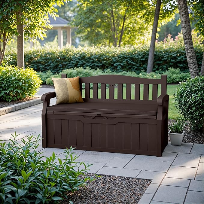 Devoko 80 Gallon Storage Bench with Cushion, Lockable Deck Box for Patio Furniture, Garden Decor and Outdoor Seating for Cushions, Garden Tools and Pool Supplies (Dark Brown, 80 Gallon with Cushion)