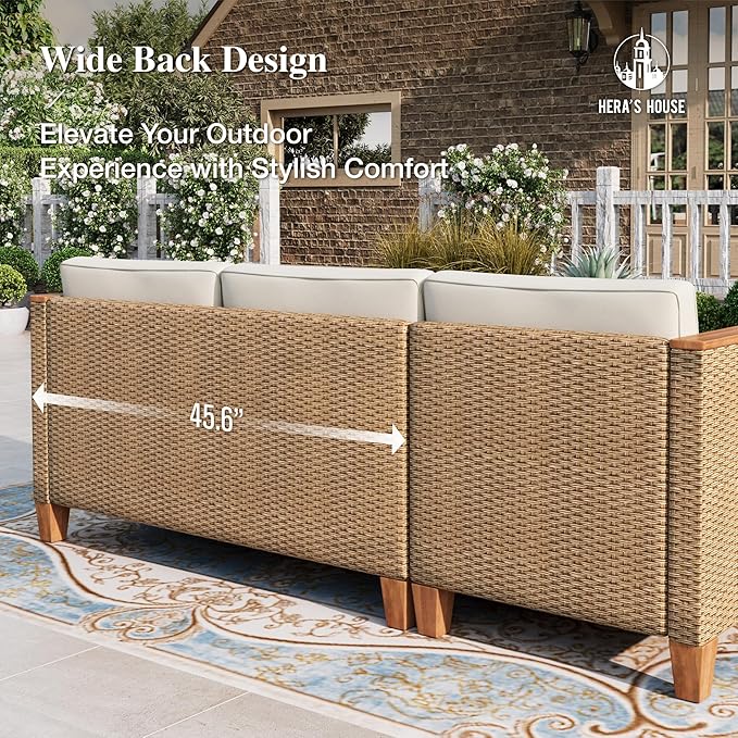 HERA'S HOUSE Small Patio Furniture Set, 3 Pieces Wicker Outdoor Sectional Sets,Yellow Rattan Conversation Set with Sofa and Coffee Table for Garden and Backyard, l Shape Boho Balcony Couch Sets
