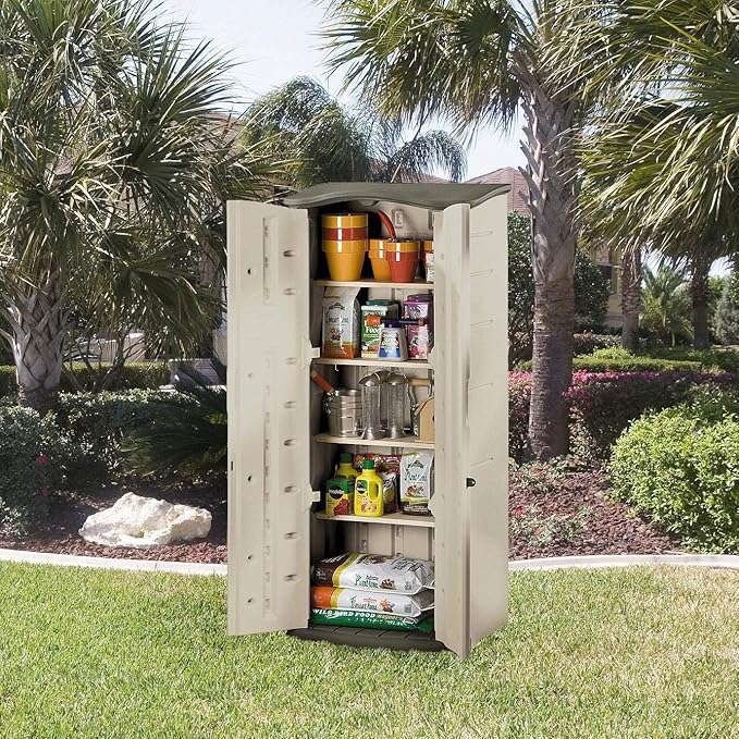 Rubbermaid Compact Vertical Resin Storage Shed With Floor (2 x 2.5 Ft), Weather Resistant, Beige/Brown, Organization for Home/Backyard/Garden Tools/Porch/Patio Cushions/Pool Chemicals/Toys