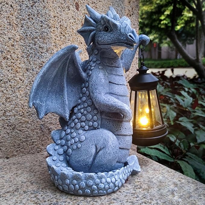 Solar Dragon Garden Statue Decoration with Solar Lantern,Dragon Figurine Lights Outdoor Décor for Yard，Lawn ,Patio, Balcony, Unique Housewarming Ornament