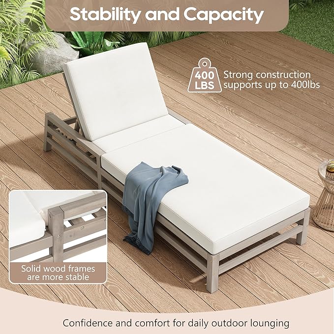 LUMISOL Patio Chaise Lounge Chair, 5-Position Adjustable Outdoor Chaise Lounge, Solid Wood Patio Recliner Chair with Thick Cushions, Weather-Resistant for Pool, Balcony, Garden, Grey