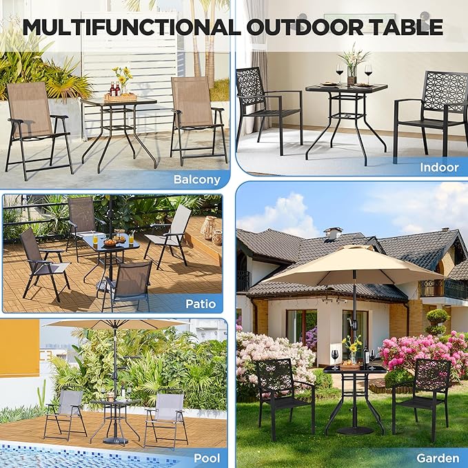 Yaheetech Outdoor Bistro Table with Umbrella Hole, 28in Patio Square Dining Table w/Silk Printing Glass Top, Weather-Resistant Patio Table for Garden Poolside Balcony Backyard, Black