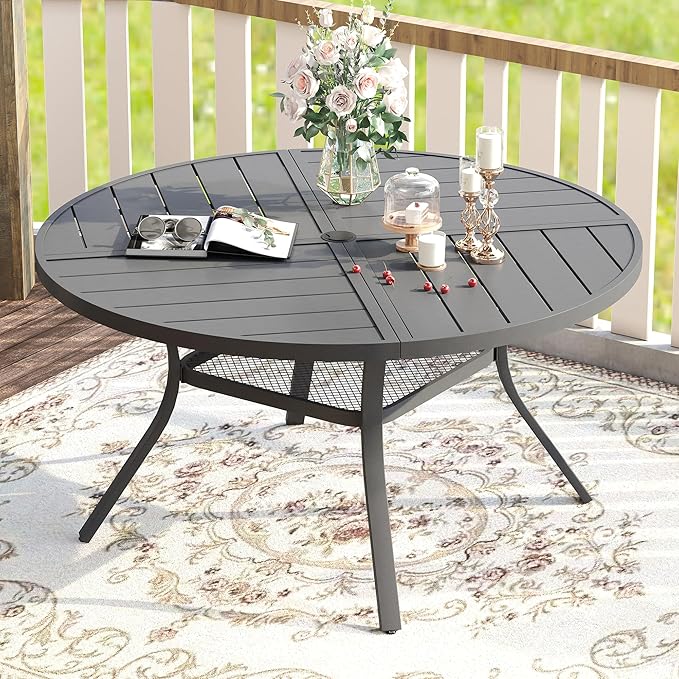 VICLLAX Round Patio Table with Adjustable Umbrella Hole for 6, All Weather Metal Outdoor Dining Table for Lawn Garden, 47.2" Outdoor Coffee Table, Grey Tabletop